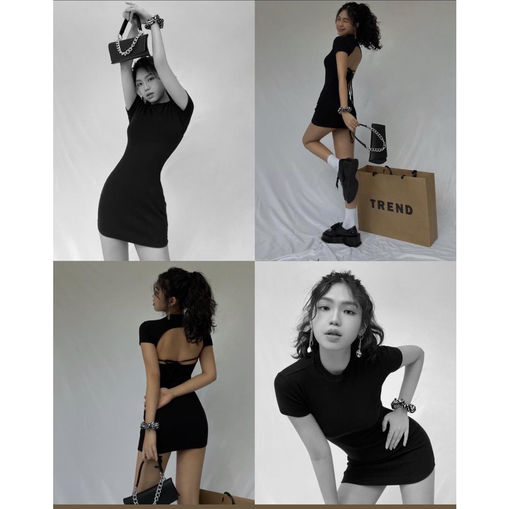 Váy thun body cộc tay khoét lưng basic - Đầm mini dáng ôm hở lưng, thiết kế độc đáo, trẻ trung, sexy siêu hot hit