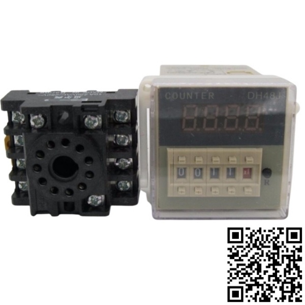 Bộ đếm 4 số tự động DH48J-11 từ 1 đến 999900 digital counter 11 chân tròn điện áp 220VAC kèm chân đế PF113A