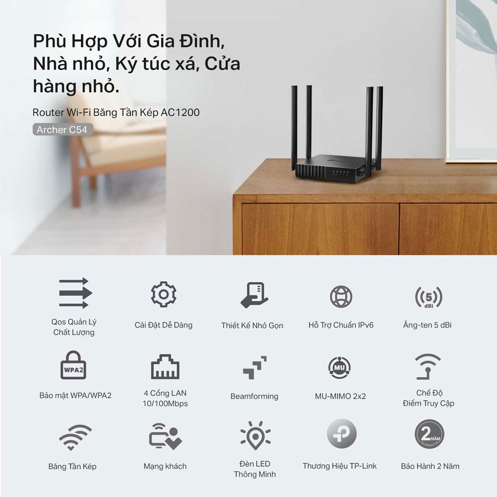 [Mã 11ELSALE hoàn 7% xu đơn 300K] Bộ Phát Wifi TP-Link Archer C54 Băng Tần Kép Chuẩn AC 1200Mbps