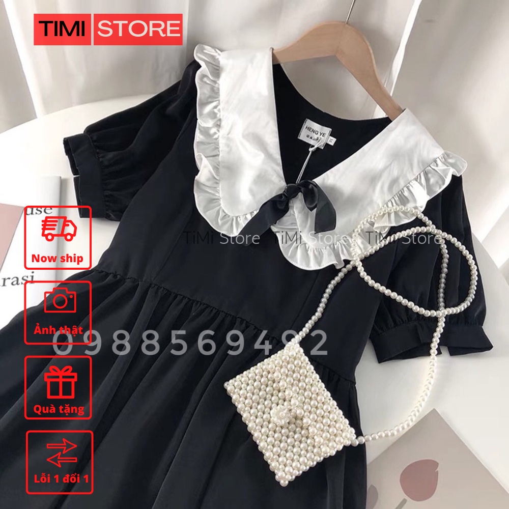 Đầm bầu công sở váy bầu đẹp BABY DOLL ĐEN CỔ TAM GIÁC NHÚN BÈO BUỘC NƠ MB 246