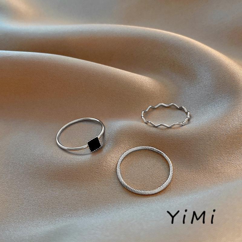 Nhẫn Ba Mảnh Đính Đá Zircon Đen Thiết Kế Đơn Giản Chất Lượng Cao Thiết Kế Niche Hình