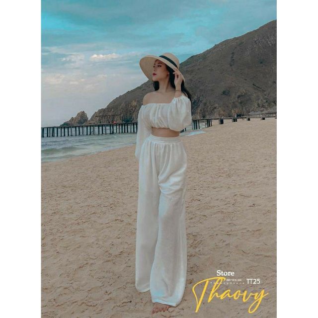 💋💋Sét áo trễ vai Croprop mix quần ống suông xinhh hết nấc 😍😍😍