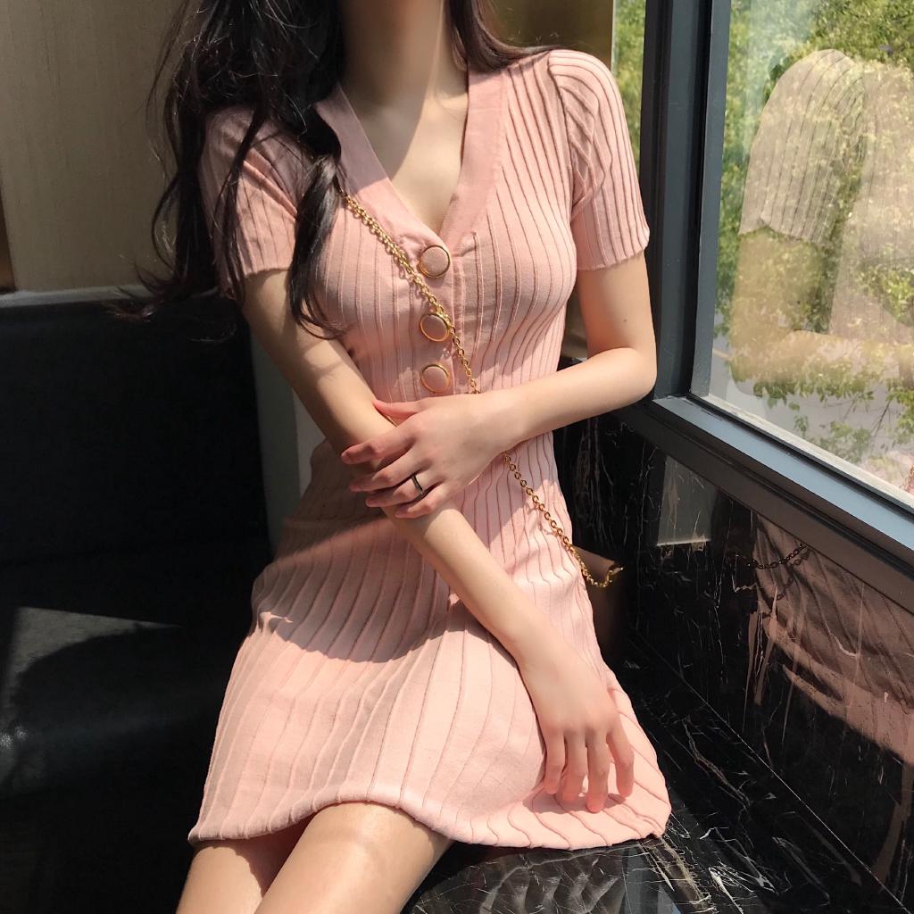 Đầm Dệt Kim Ngắn Tay Cổ Chữ V Xếp Ly Thời Trang Mùa Hè Hàn Quốc Cho Nữ