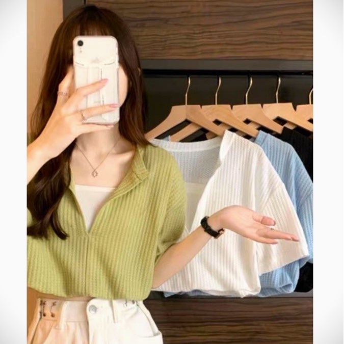 SET 2 ÁO liền nhau len dệt kim Montoghi Quảng Châu cổ V dáng croptop nhúm eo siêu xinh