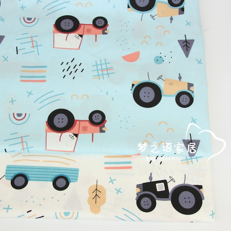 ✳☁Vải 100% Cotton In Hình Xe Hơi Màu Xanh Dương Cho Bé&amp;Bộ Chăn Ga Vỏ Gối Bằng Vải Dệt Cho Bé