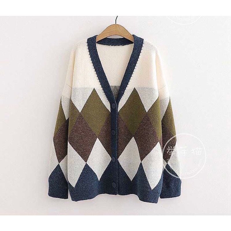 [Ảnh thật] Áo cadigan len hoạ tiết quả trám Quảng Châu - Áo khoác cardigan caro ulzzang