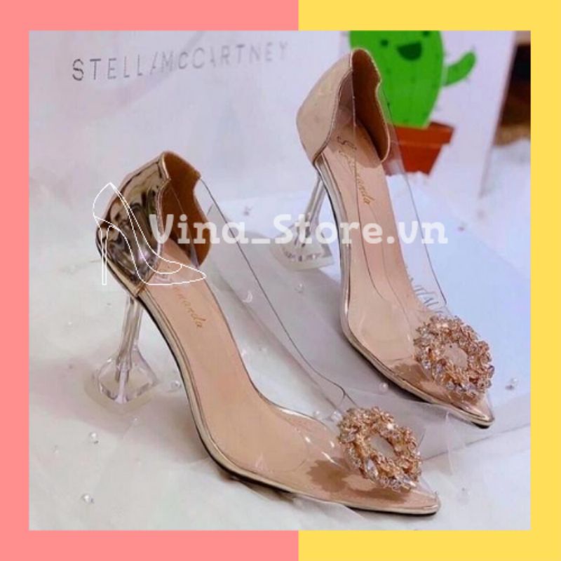 giầy cao gót nữ mũi nhọn 7 phân -9 phân quai mika đính hoa đá đế trong suốt hottrend 2023 VINA STORE mã B11