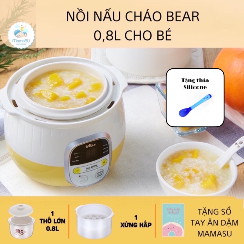 Nồi nấu cháo chậm Bear 0,8L cho bé ăn dặm - Ninh hầm hấp cách thuỷ chưng yến đa năng SUBE001