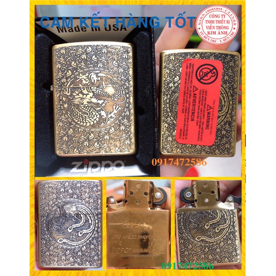 Bật Lửa Zippo Khắc Ăn Mòn Mẫu Rồng - Phụng Vỏ đồng- MÀU VÀNG