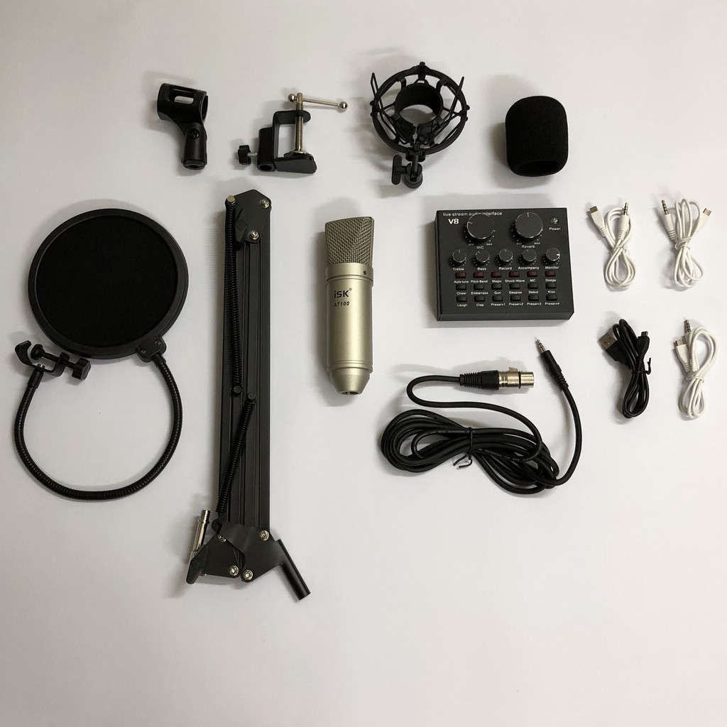 Combo bộ livestream: Micro ISK AT100, sound card V8, màng lọc âm POP FILTER, chân kẹp micro