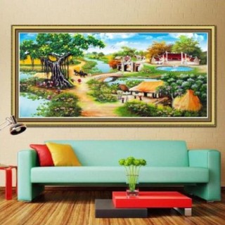 Tranh đính đá phong cảnh làng quê việt nam mẫu mới dream valley d9387-1m33x75cm