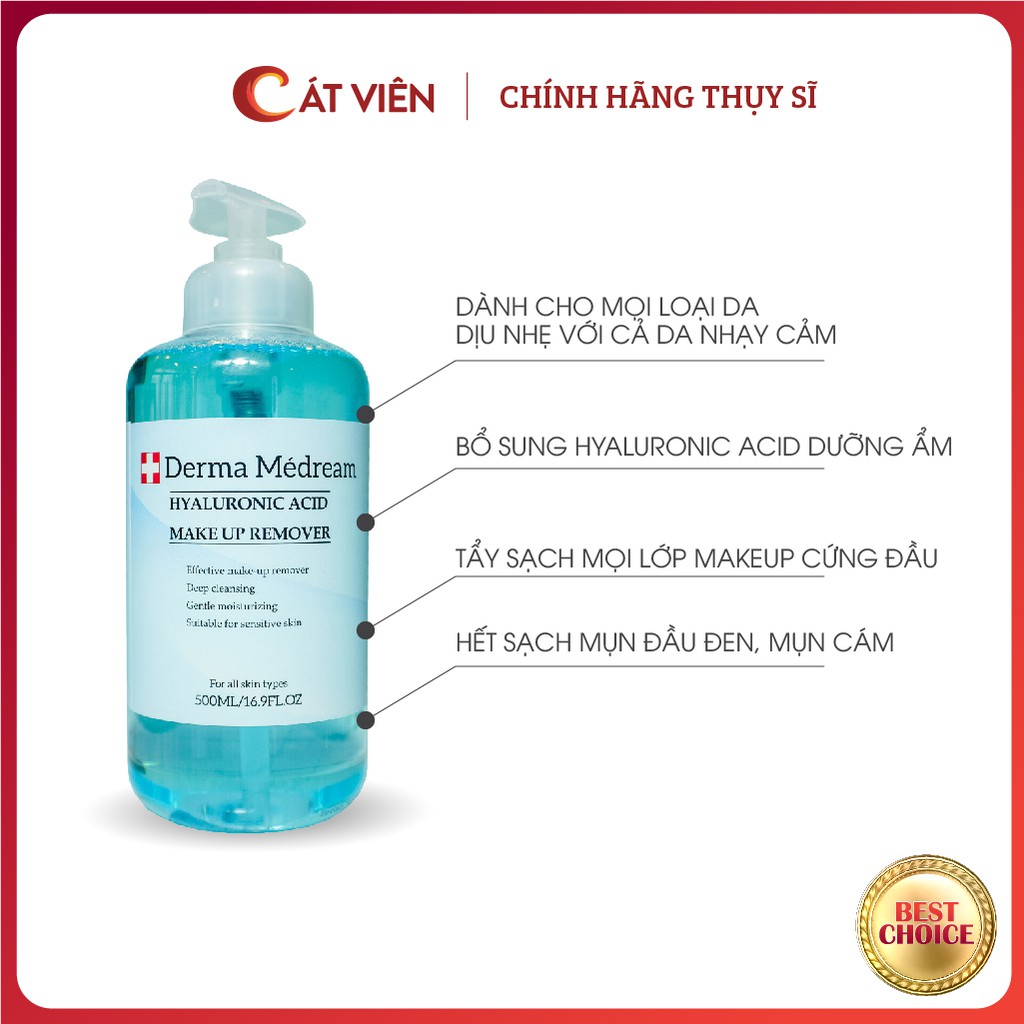 Nước tẩy trang Derma, làm sạch da, chứa HA chăm sóc da dưỡng ẩm Me'dream Thụy Sỹ thích hợp da nhạy cảm và mọi loại da