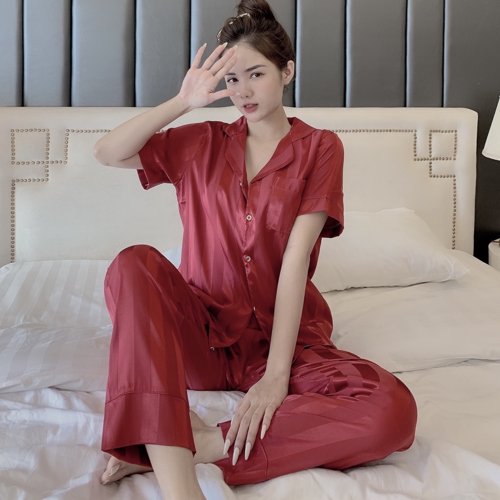 Bộ Đồ Ngủ, Đồ Bộ Pijama Lụa Gấm Tay Ngắn, Quần Dài Họa Tiết Đơn Giản, Chất Vải Cao Cấp - 𝑴𝑰𝑵𝑺𝑯𝑶𝑷 | BigBuy360 - bigbuy360.vn