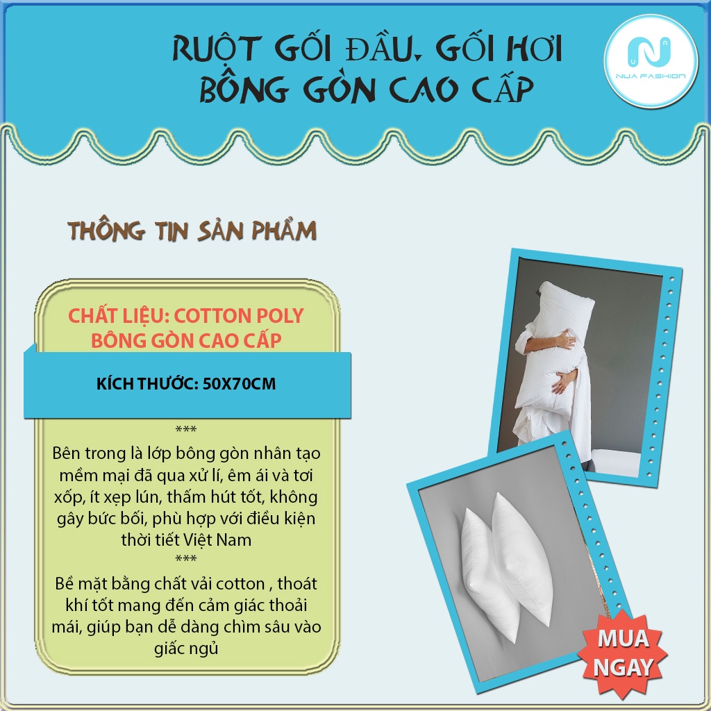 Ruột gối nằm poly cotton NUA Fashion Bedding lõi bông gòn cao cấp kháng khuẩn kích thước 50x70cm