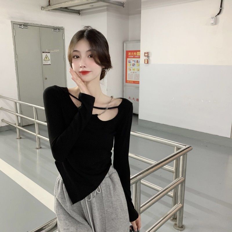 Jiashucheng Áo Thun Mỏng Tay Dài Phối Dây Xích Thiết Kế Khoét Rỗng Thời Trang Cho Nữ