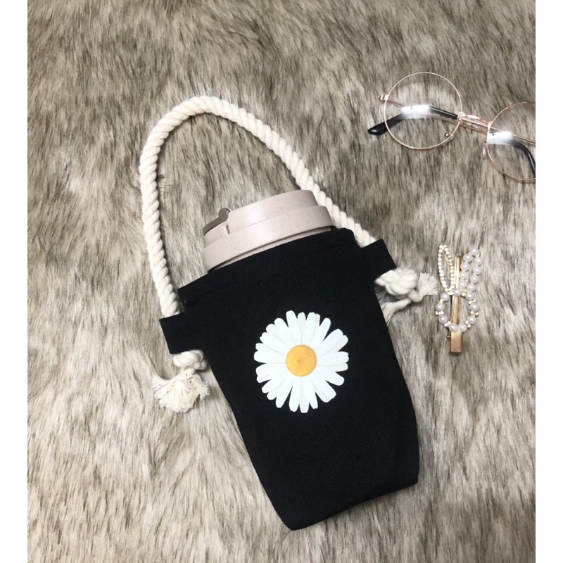 TÚI VẢI CANVAS MÀU ĐEN ĐỰNG BÌNH NƯỚC, LY NƯỚC IN HÌNH BOTTLE BAG, CUP BAG