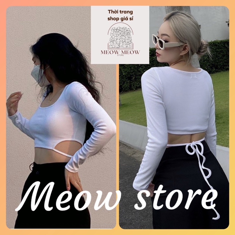 Áo cổ vuông tay dài ôm body dây cột eo cá tính, vải gân dày