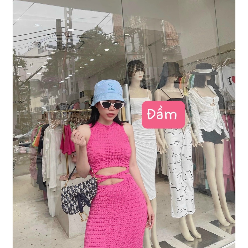 Đầm body midi dáng dài thun gân cổ tròn ba lỗ sát nách phối khoét eo đan dây sexy