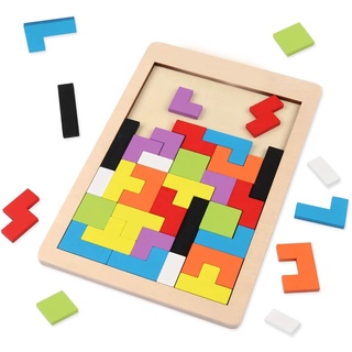 Wooden Blocks Puzzle Brain Teasers Toy Tangram Jigsaw Intelligence Colorful 3D Russian Blocks Game STEM Montessori Educational Gift for Kids