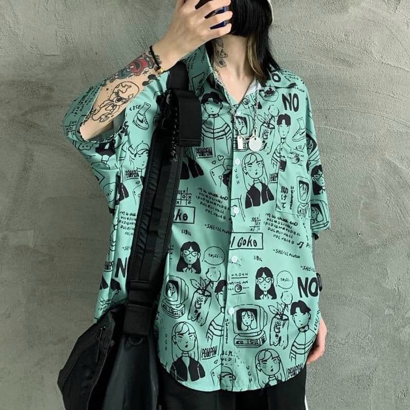 Áo sơ mi unisex chiffon tay ngắn in họa tiết hoạt hình thời trang | BigBuy360 - bigbuy360.vn