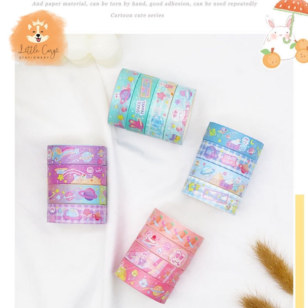Hộp 5 cuộn washi tape nhám dễ thương nhiều mẫu - Set 5 cuộn washi nhũ siêu xinh - Corgi Shop