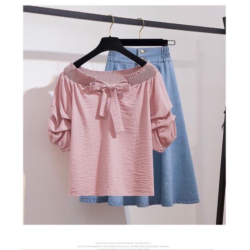 set chân váy bò áo trễ vai phong cách Hàn Quốc vintage