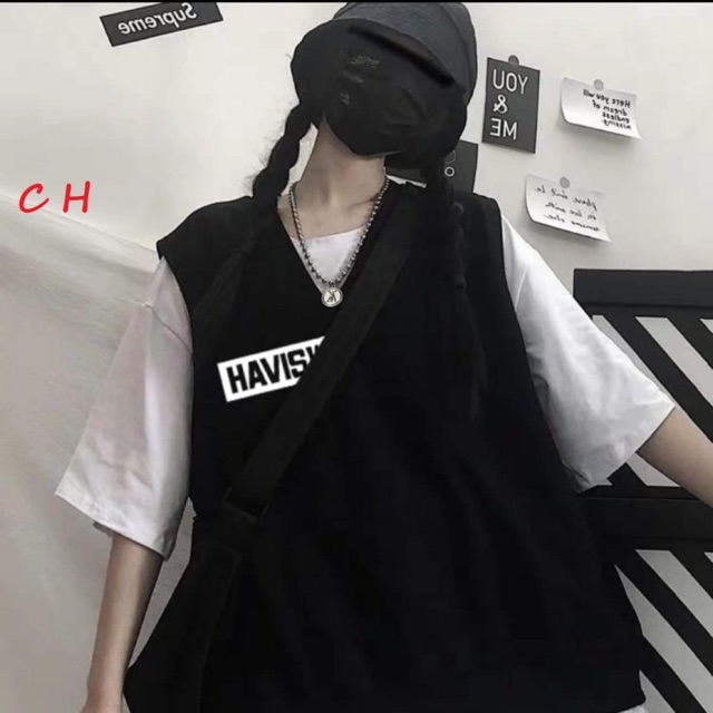 áo gile kiểu,trang phục ,nam nữ in chữ HAVISW + phông trắng ngắn tay CH12