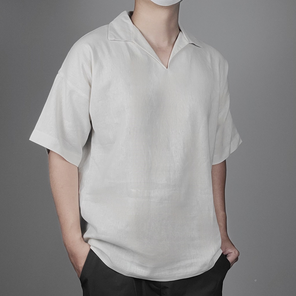 Áo polo nam form hàn quốc. chất liệu linen, màu trắng vintage