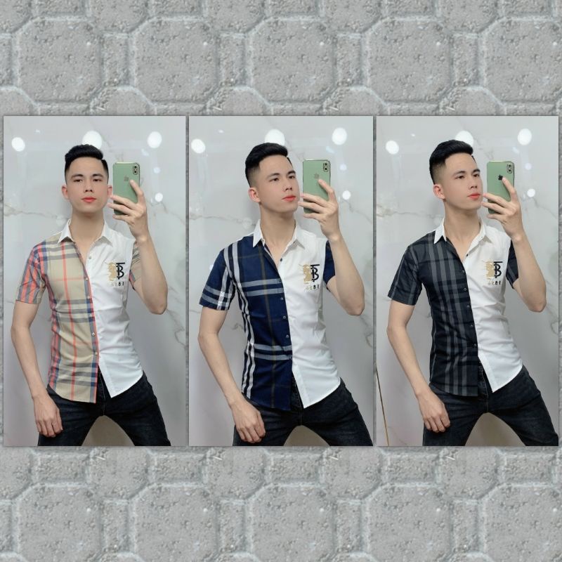 Áo sơ mi nam tay ngắn BBR phối màu trắng kẻ nhiều màu caro , chất liệu cotton thoáng mát