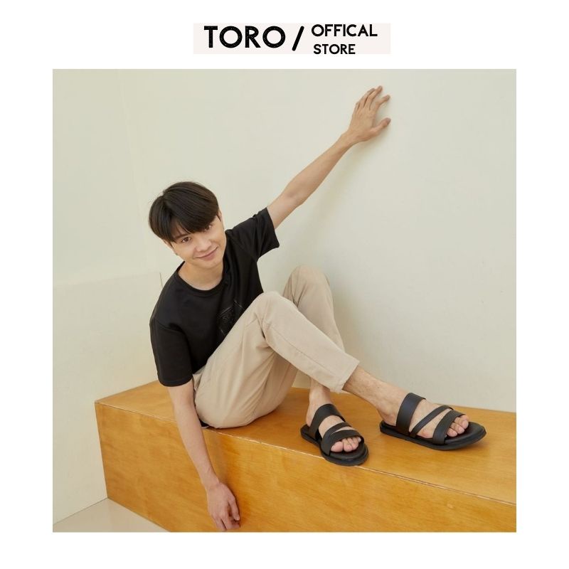 Dép nam , dép da nam 3 quai cao cấp Toro , màu đen đế cao su non A09