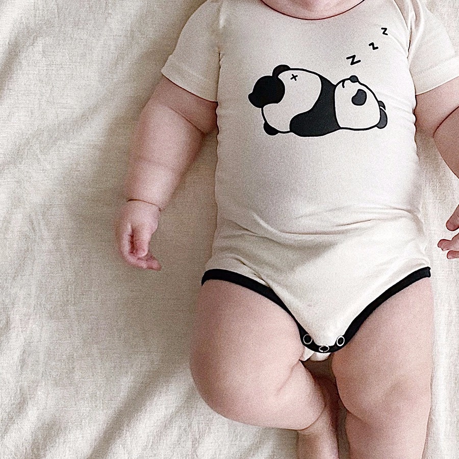 Bộ Áo Liền Quần Tay Ngắn Hoạ Tiết Gấu Trúc Có Mũ Dễ Thương Thời Trang Mùa Hè Cho Trẻ Sơ Sinh