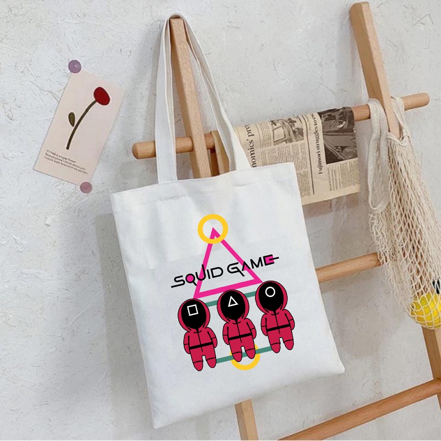 Túi tote túi vải canvas phong cách Hàn quốc, có khóa miệng in hình squid game trò chơi con mực