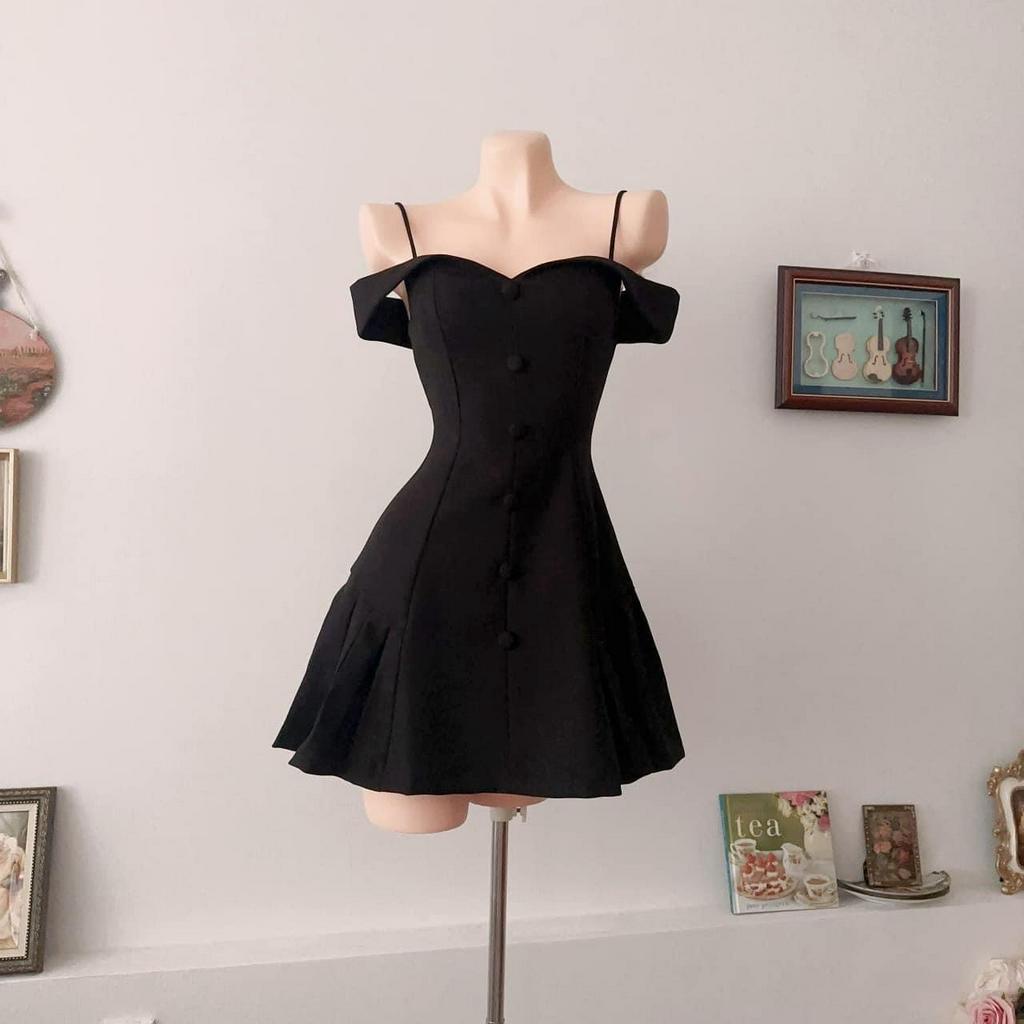 (Có BigSize) Đầm Váy 2 Dây Cúp Ngực Kết Nút Bọc Trễ Vai Xếp Li Hông Siêu Xinh