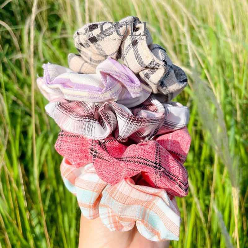 Cột tóc vải, Scrunchies họa tiết caro xinh xắn, phong cách học sinh - teen girl Hàn Quốc