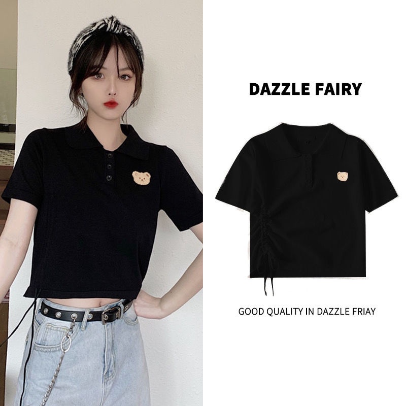 Áo Thun Tay Ngắn Cổ polo Phối Dây Rút In Hình Gấu Dễ Thương Cho Nữ JL-TX-266