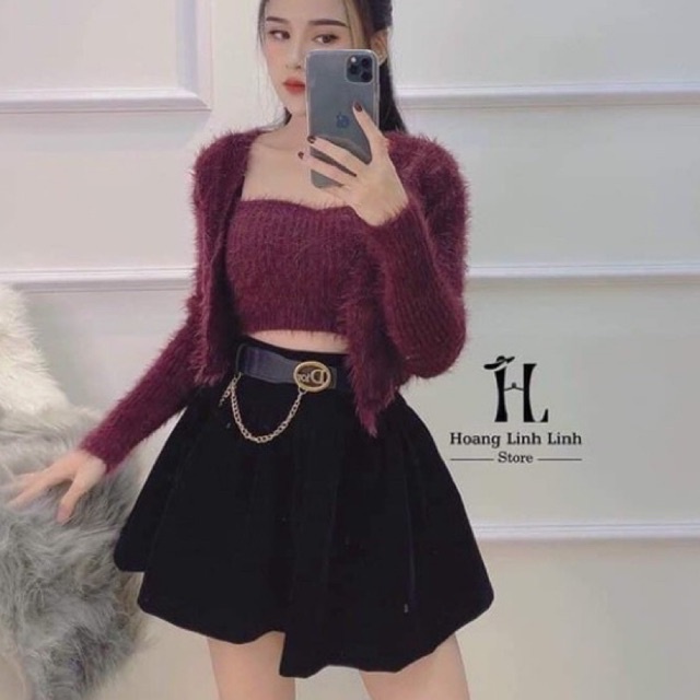 Chân váy nhung đen xoè kèm đai da DO hot hit siêu đẹp l1 hp hv