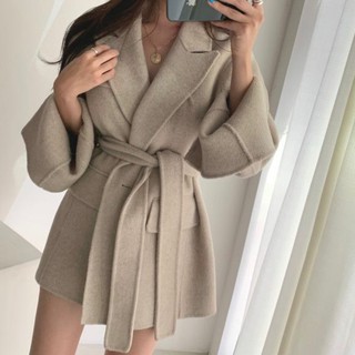 (Hàng Đẹp)Ảnh thật 3 hình cuối-HC457.Áo khoác dạ len thắt đai phong cách Hàn Quốc sang chảnh