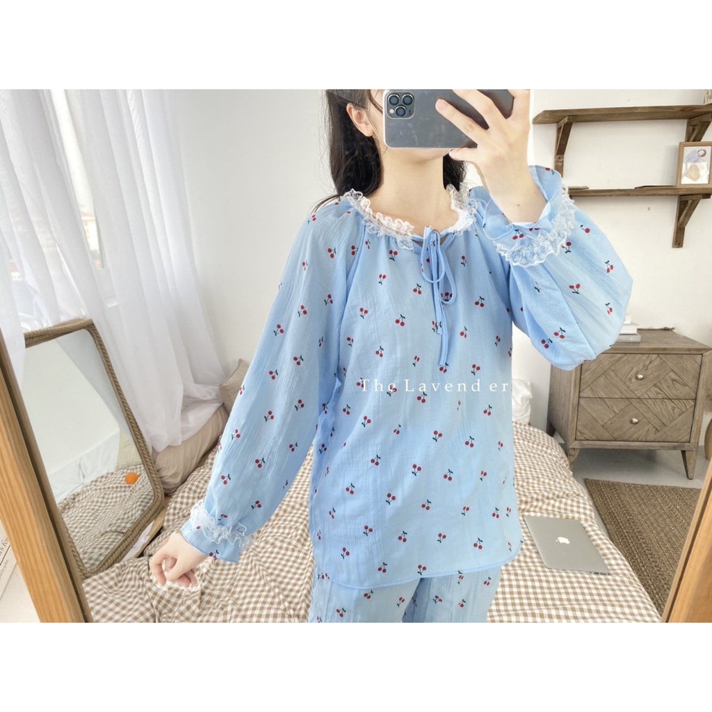 bộ đồ ngủ set và váy xanh trắng cherry và cherry xanh | BigBuy360 - bigbuy360.vn