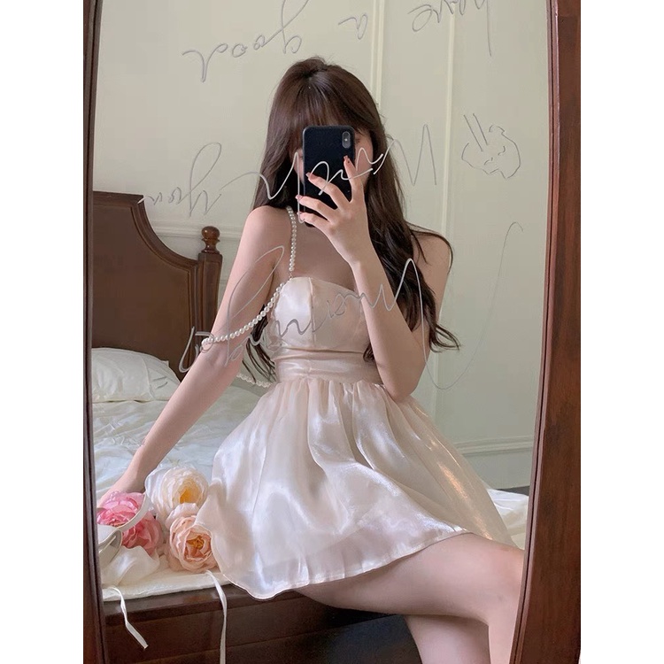 (Free ship) Mẫu HOT Thiết Kế Trend 2022 -- Đầm Tơ Hở Lưng Hai Dây Đính Cườm Tôn Dáng Y Hình UP HHP Fashion