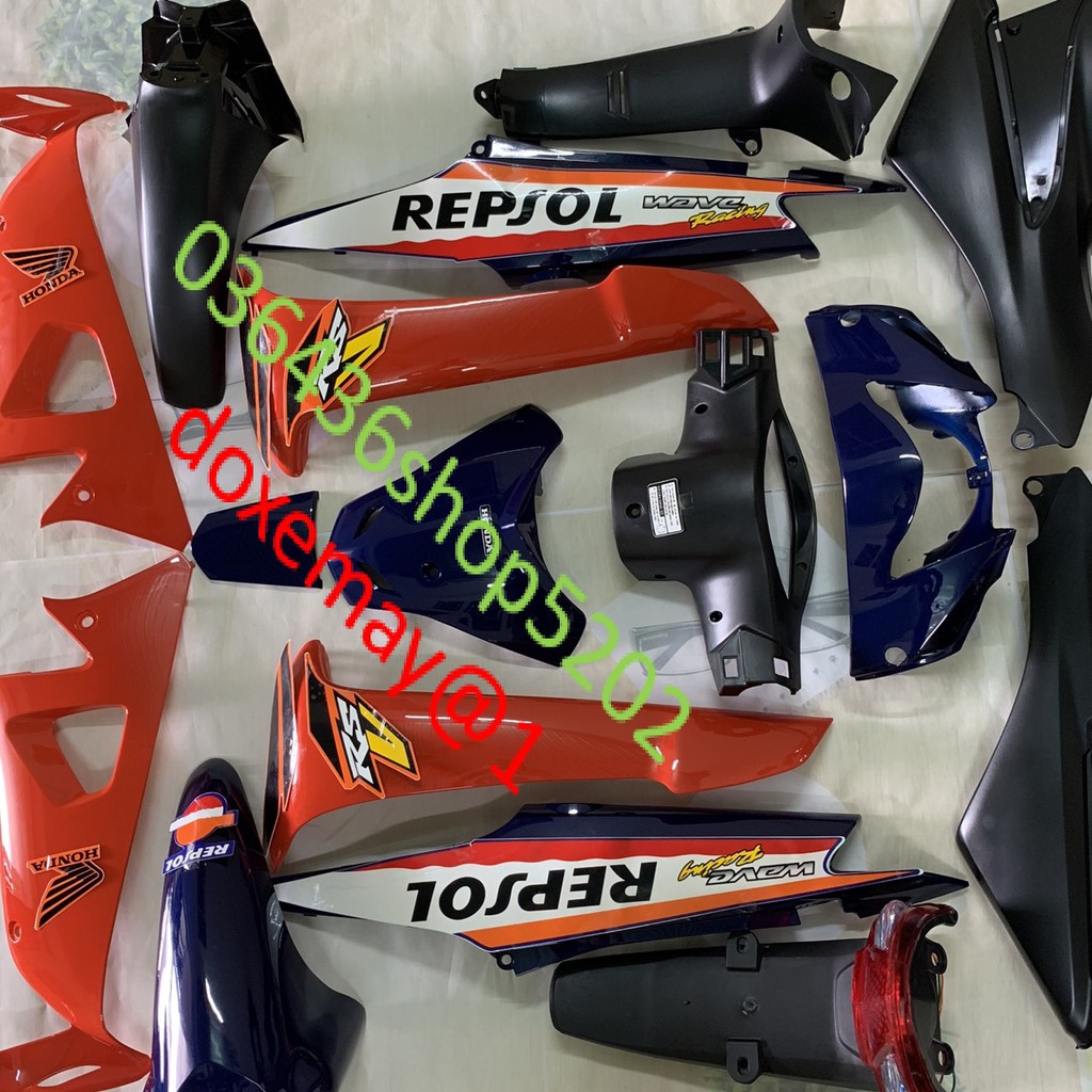 Bộ dàn áo xe wave RS -wave REPSOL MÀU xanh cam -wave S -wave 100 và 50cc -đời 2006 đến 2016