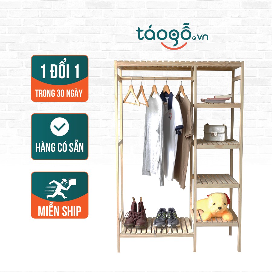 Tủ treo quần áo Táo gỗ Decor tủ gỗ thông 2 ngăn phong cách Hàn Quốc