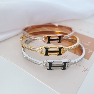 Vòng Đeo Tay Bằng Thép Titan Vàng 18k Đính Đá Epoxy Đen Phong Cách Hàn Quốc