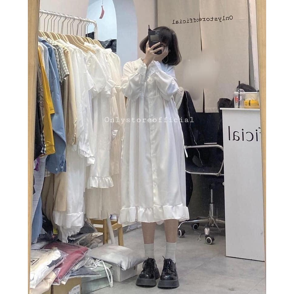 Váy babydoll cổ bèo nữ dài tay ulzzang 2 màu đen/trắng cực xinh xưởng sỉ nguyễn hoa | BigBuy360 - bigbuy360.vn