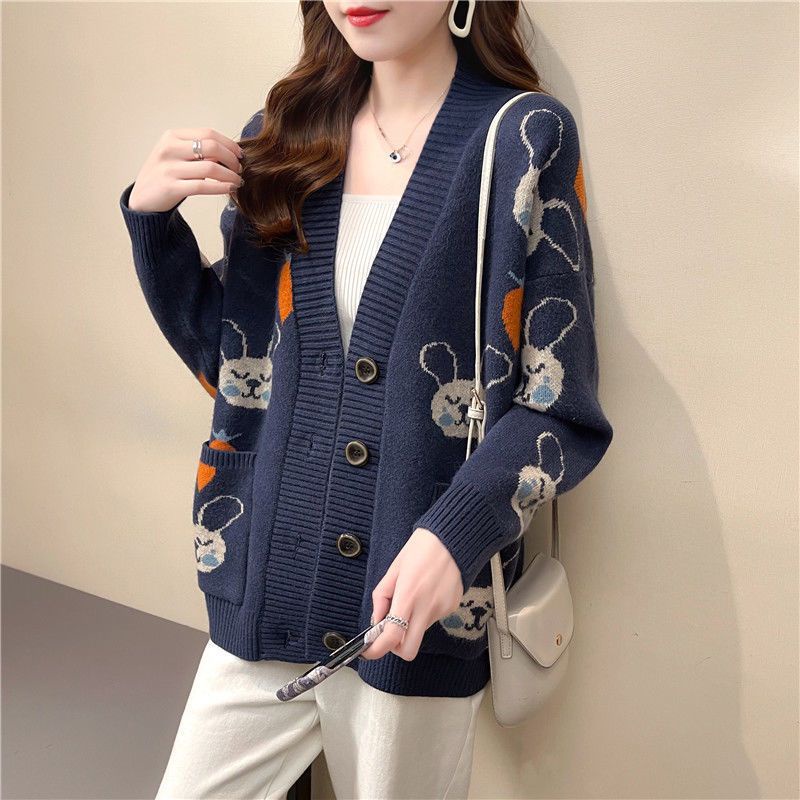 Áo Khoác Cardigan Dệt Kim Dáng Rộng In Hoạt Hình Dễ Phối Đồ Hợp Thời Trang