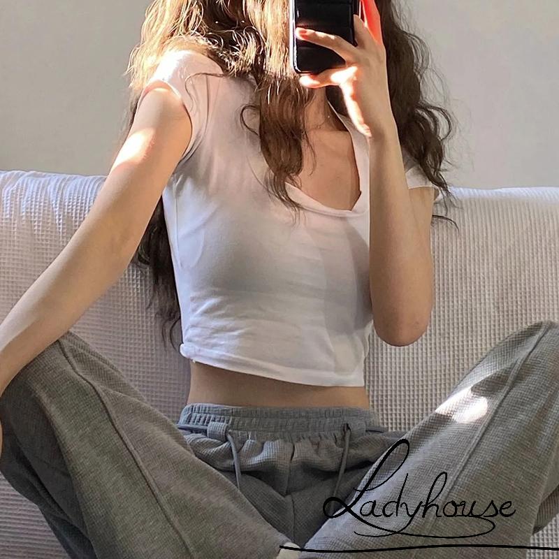 Áo Crop Top Tay Ngắn Cổ Chữ U Màu Trơn Thời Trang Đường Phố Dành Cho Nữ