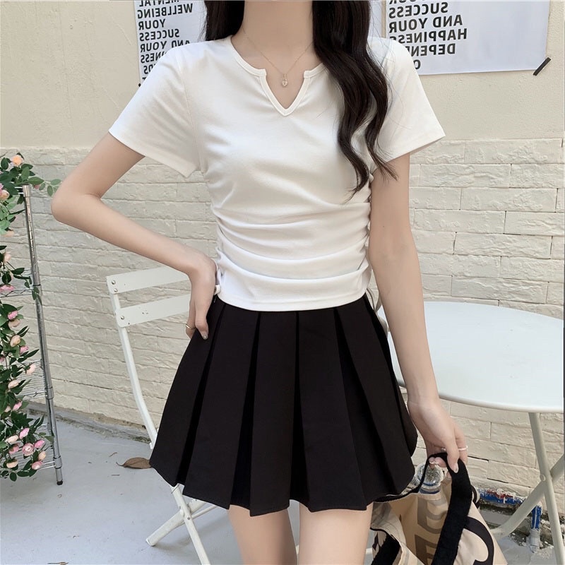 Áo croptop cổ chữ V xẻ dây rút hông tôn dáng, áo thun nữ tay ngắn A2681