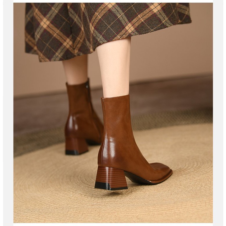 Giày Bốt Martin Gót Vuông Phối Khóa Kéo Bên Hông Kiểu Retro Cá Tính