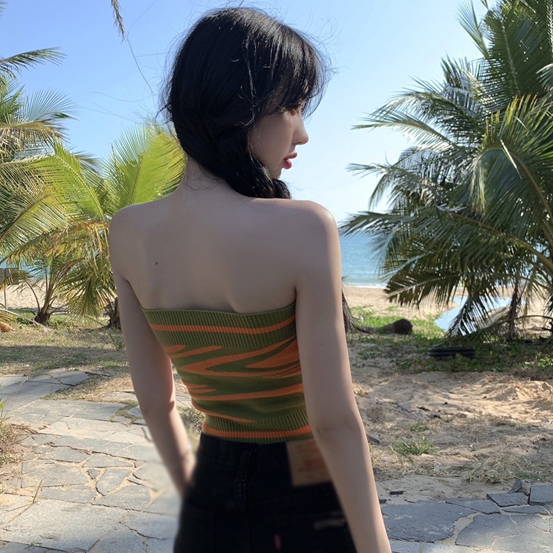 Áo Croptop Dệt Kim Sát Nách Mềm Mại Co Giãn Họa Tiết Kẻ Sọc Thời Trang Mùa Hè Quyến Rũ Cho Nữ