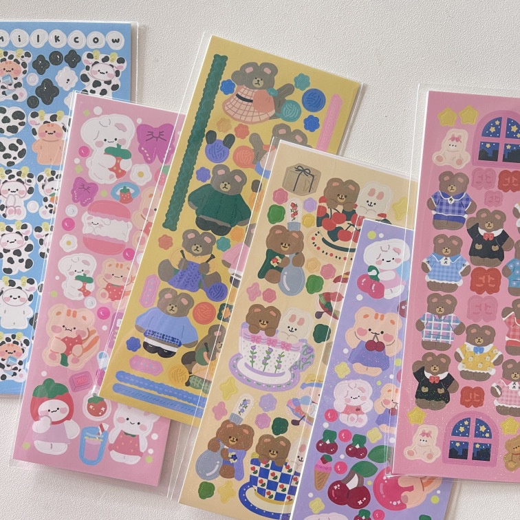Cute glittering bear sticker chasing star decoration material