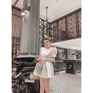 Đầm xòe tay phồng cổ tròn buộc nơ eo trẻ trung